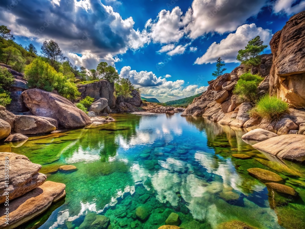 Serene Natural Pool Surrounded by Majestic Rocky Terrain, Showcasing Lush Vegetation, Crystal Clear Water, and Vibrant Reflections Under a Bright Blue Sky Serene Natural Pool Surrounded by Majestic Rocky Terrain, Showcasing Lush Vegetation, Crystal Clear Water, and Vibrant Reflections Under a Bright Blue Sky