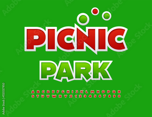 Vector Eco badge Picnic Park. Modern Red Sticker Font. Bright Uppercase Alphabet Letters and Numbers set.