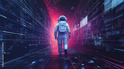 An astronaut walking through a futuristic digital tunnel with glowing data streams.