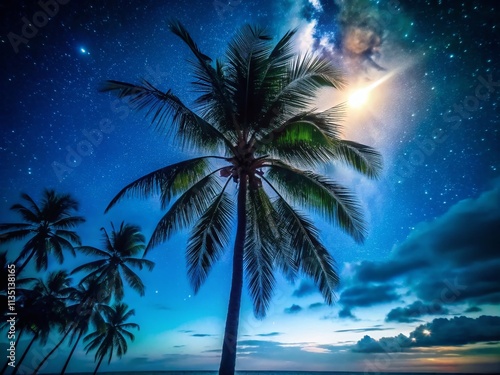Serene Night View of a Palm Tree Silhouetted Against a Starry Sky with Moonlight Casting Soft Shadows on the Ground in a Tropical Paradise Setting