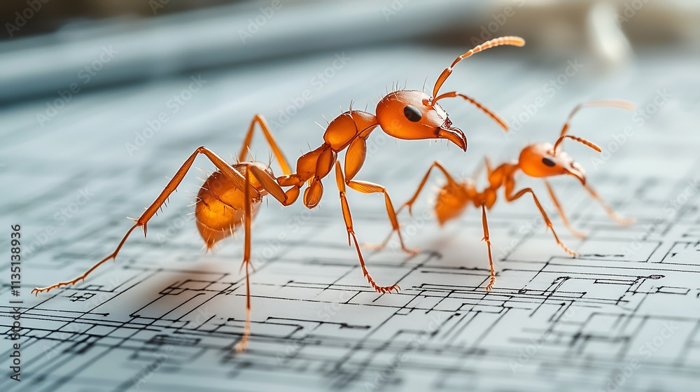 Two red ants on blueprint, close-up. Two red ants on blueprint, close-up.