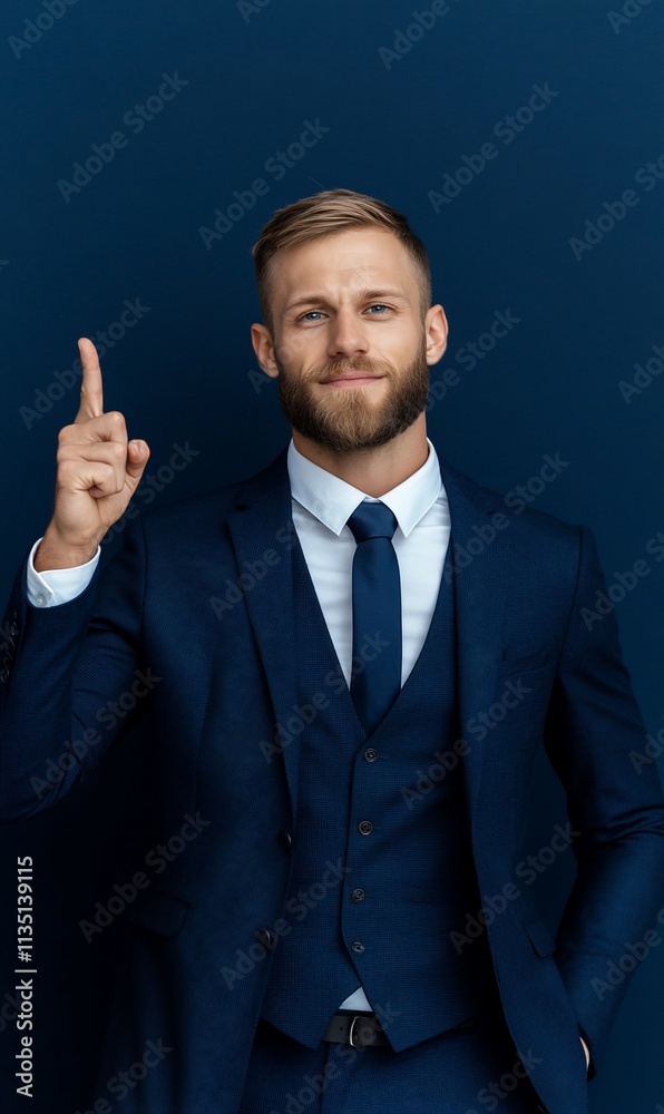Man in a suit gesturing confidently against a blue background.