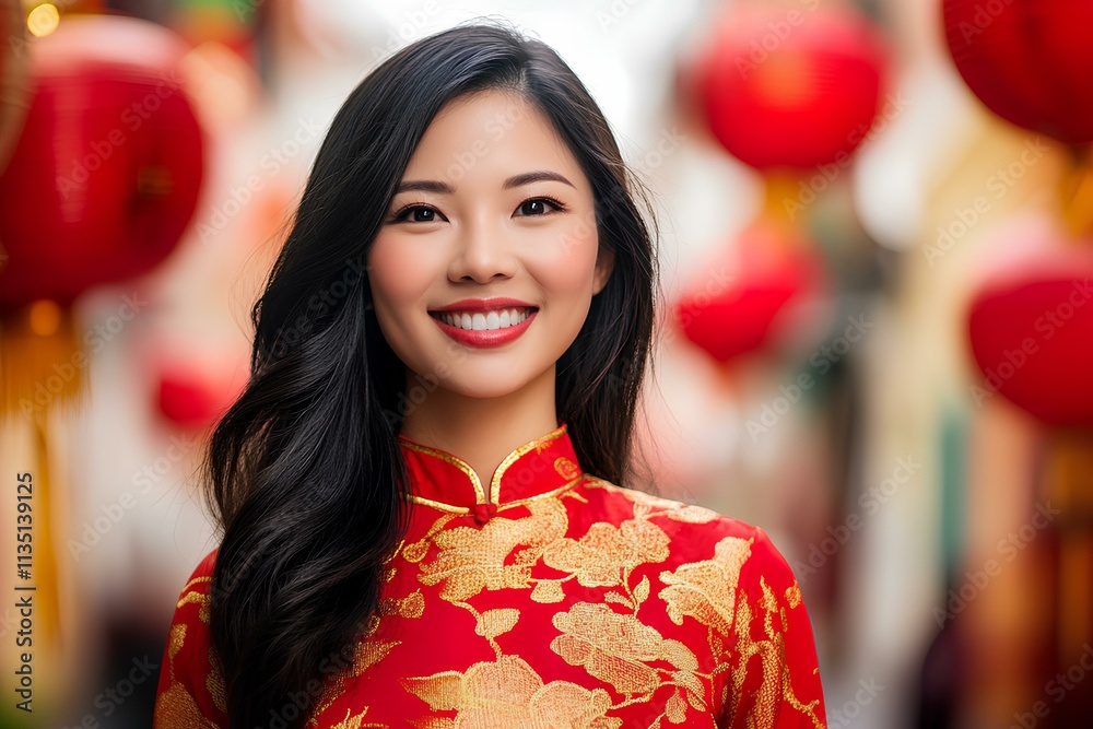 Smiling woman in traditional red Chinese dress celebrating New Year on a festively decorated street. Copy space. Smiling woman in traditional red Chinese dress celebrating New Year on a festively decorated street. Copy space.