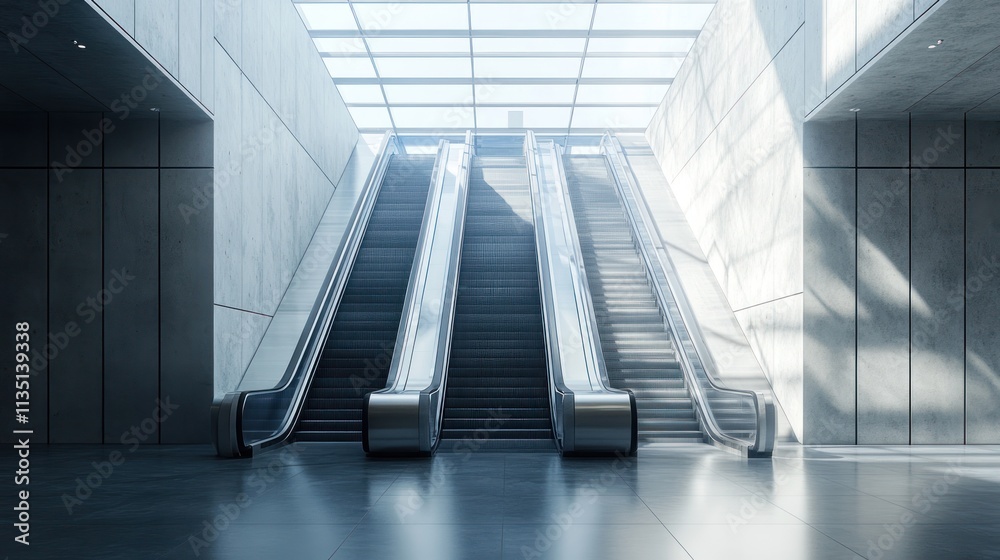 Fototapeta premium Modern Architecture: Three Escalators in a Sleek, Sunlit Hallway