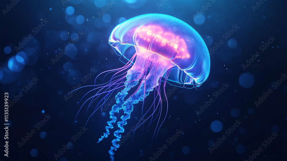 A glowing underwater diving icon featuring a glowing jellyfish, representing online platforms exploring marine ecosystems and athleticism. A glowing underwater diving icon featuring a glowing jellyfish, representing online platforms exploring marine ecosystems and athleticism.