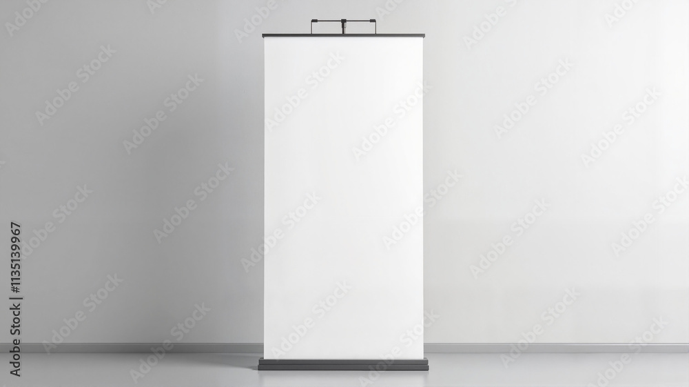 Blank white roll-up display banner in minimalist indoor setting Blank white roll-up display banner in minimalist indoor setting