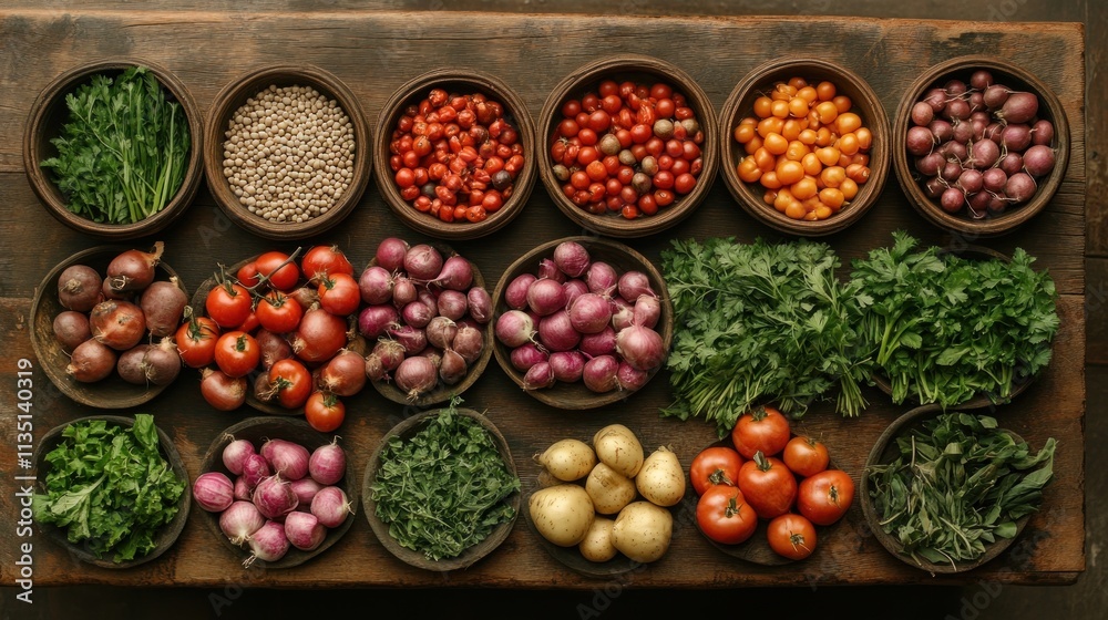 Aromatic Harvest: Vibrant Vegetables and Herbs in Rustic Bowls Aromatic Harvest: Vibrant Vegetables and Herbs in Rustic Bowls
