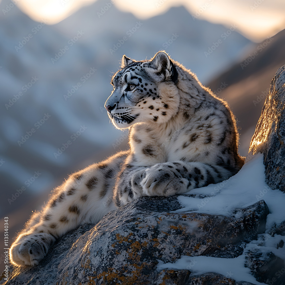 Obraz premium Majestic Snow Leopard Resting on Rocky Terrain