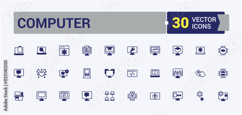 Computer icon set. Contains related to keyboard, pc, sync, display, laptop, computer, mouse and more. Modern thin icons. Solid line editable stroke.