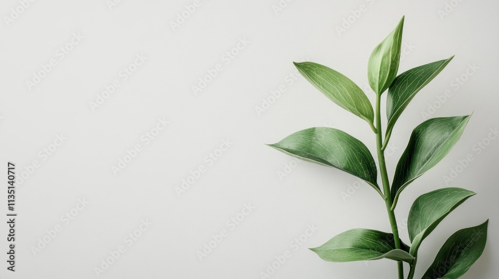 Fototapeta premium Serene Green Sprig on White Background: Minimalist Botanical Photography