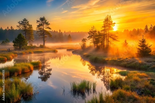 Serene Silhouette of a Small River Bog Surrounded by Forest at Sunrise with Morning Fog, Sunbeams, and Early Autumn Colors in a Picturesque Rural Landscape