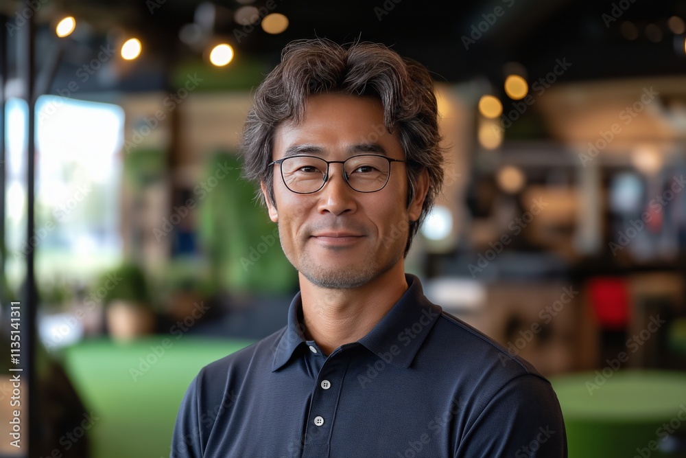 Professional man smiling inside a modern workspace during daylight Professional man smiling inside a modern workspace during daylight