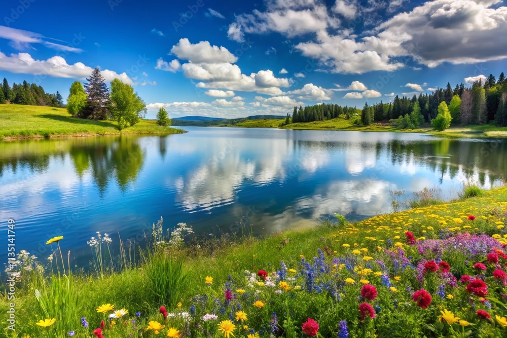 Serene Spring Lake Surrounded by Lush Green Grass and Colorful Wildflowers Under a Clear Blue Sky Captured Using the Rule of Thirds for a Perfect Balance in Nature Photography