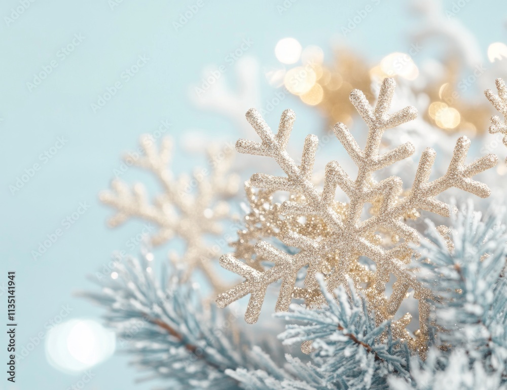 Glittery snowflakes on frosted pine branch. Glittery snowflakes on frosted pine branch.