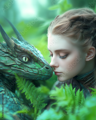 Enchanted encounter between a girl and a dragon in nature photo