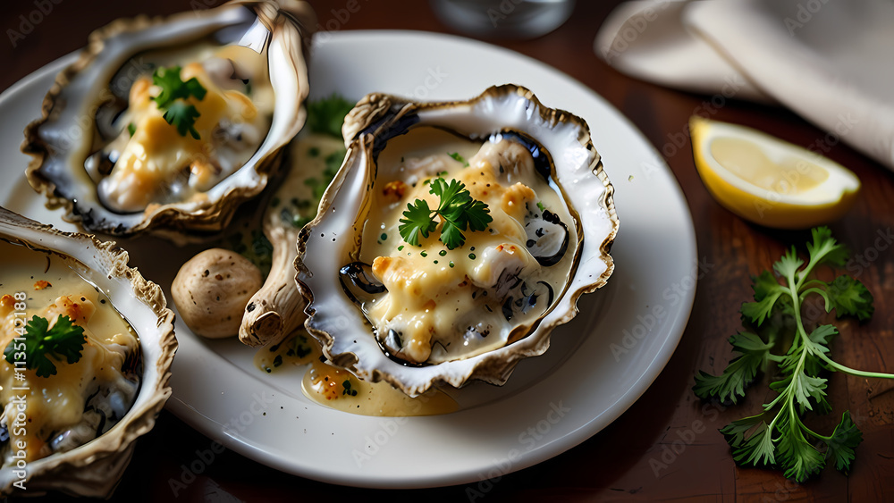 close-up image of a plate of Oyster Mornay close-up image of a plate of Oyster Mornay