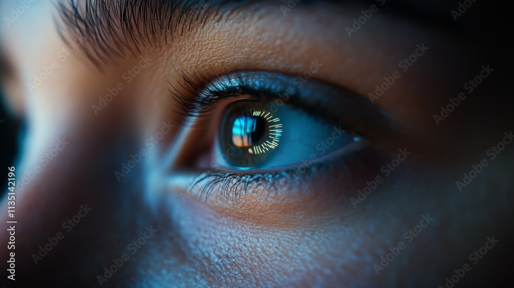 A detailed close-up of a human eye reflecting a futuristic digital interface. The sharp focus and high-tech visuals emphasize themes of vision, technology, and human connection to the digital world A detailed close-up of a human eye reflecting a futuristic digital interface. The sharp focus and high-tech visuals emphasize themes of vision, technology, and human connection to the digital world