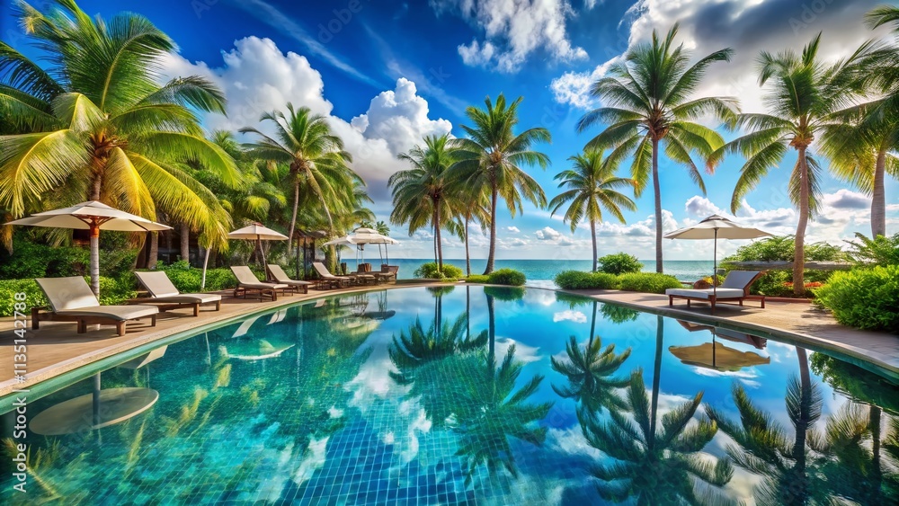 Fototapeta premium Serene Swimming Pool at a Luxurious Resort Ideal for Relaxation and Leisure Activities Surrounded by Tropical Landscapes and Inviting Sun Loungers for Ultimate Comfort