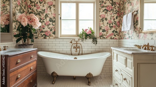 Elegant Vintage Bathroom Design with Floral Wallpaper