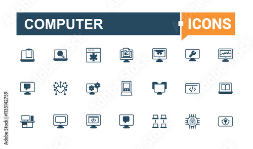 Computer icon pack. It contains symbols to electronic, app, laptop, tablet, mobile, screen, smart and more. Minimalist thin linear icon. Vector illustration in modern line style.