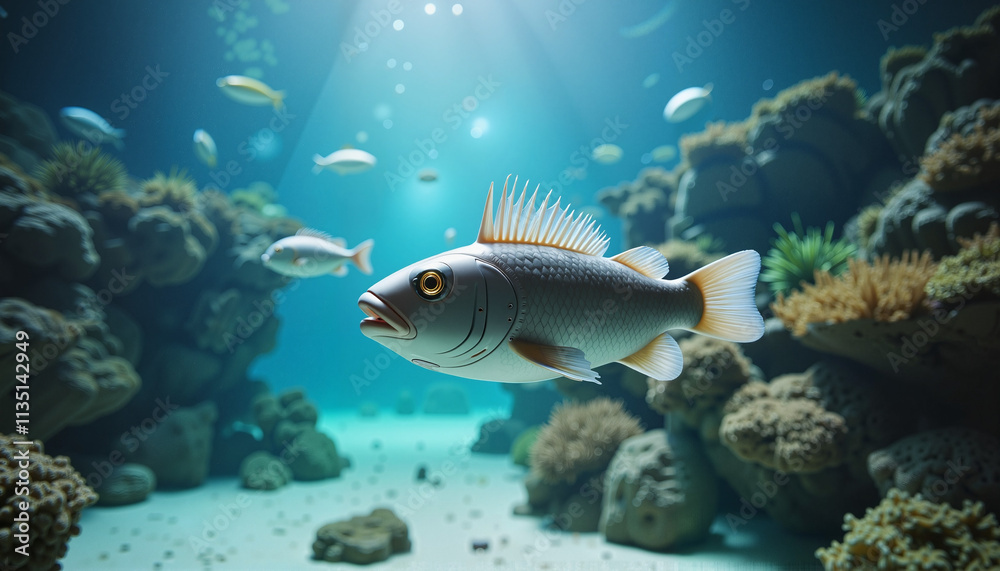 Fototapeta premium Vibrant underwater world showcases a colorful fish swimming gracefully among coral reefs and marine life