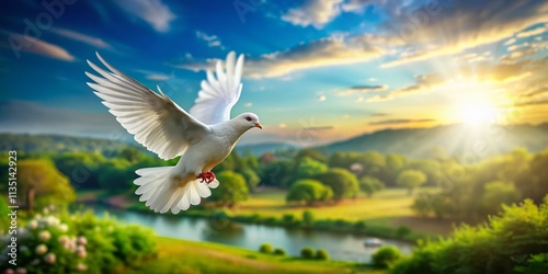 Serene Tilt-Shift Photography of a Flying Dove Symbolizing Freedom for International Day of Peace, Capturing the Essence of Unity and Hope in a Tranquil Landscape photo