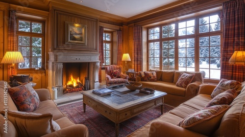 Cozy Winter Chalet Living Room with Fireplace and Snow-Covered Mountain View