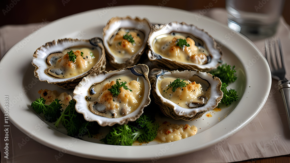 close-up image of a plate of Oyster Mornay close-up image of a plate of Oyster Mornay