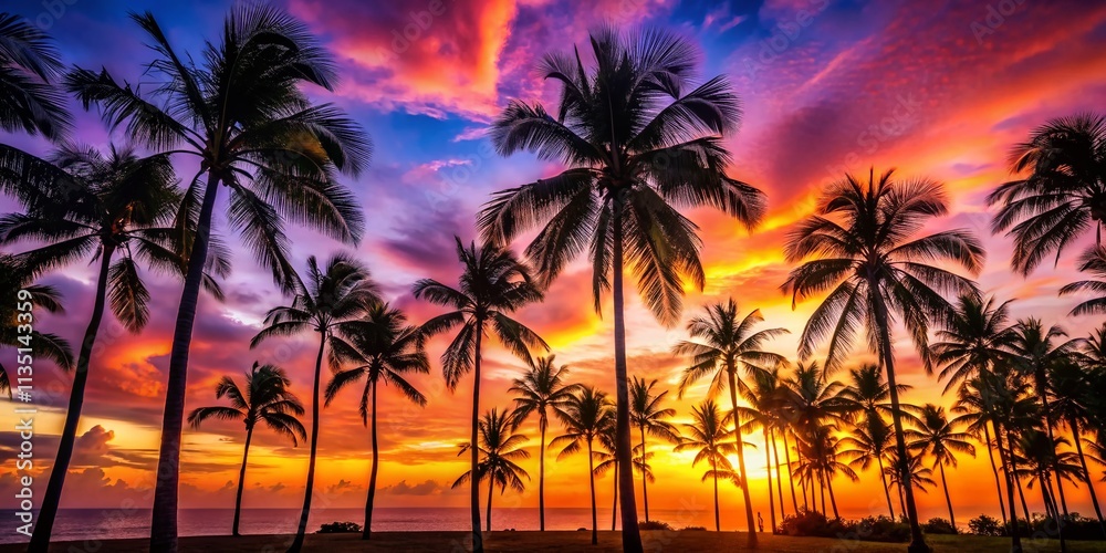 Serene Tropical Sunset with Silhouetted Palms – Vibrant Colors and High Depth of Field for Perfect Relaxation and Scenic Beauty in Nature Photography Serene Tropical Sunset with Silhouetted Palms – Vibrant Colors and High Depth of Field for Perfect Relaxation and Scenic Beauty in Nature Photography