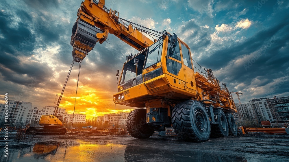 Majestic Yellow Crane at Sunset: Construction Site Panorama Majestic Yellow Crane at Sunset: Construction Site Panorama