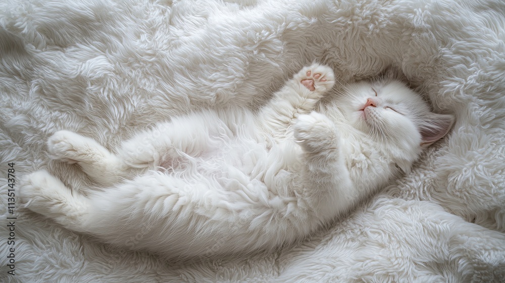 White kitten sleeping on a white blanket. Selective focus. White kitten sleeping on a white blanket. Selective focus.