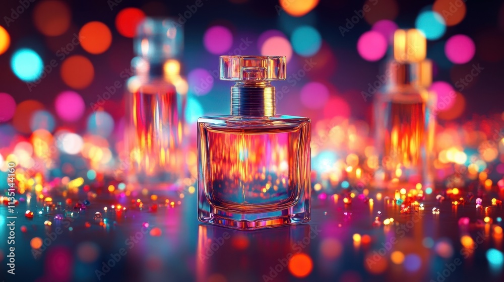 Elegant Perfume Bottles with Colorful Bokeh Background Elegant Perfume Bottles with Colorful Bokeh Background