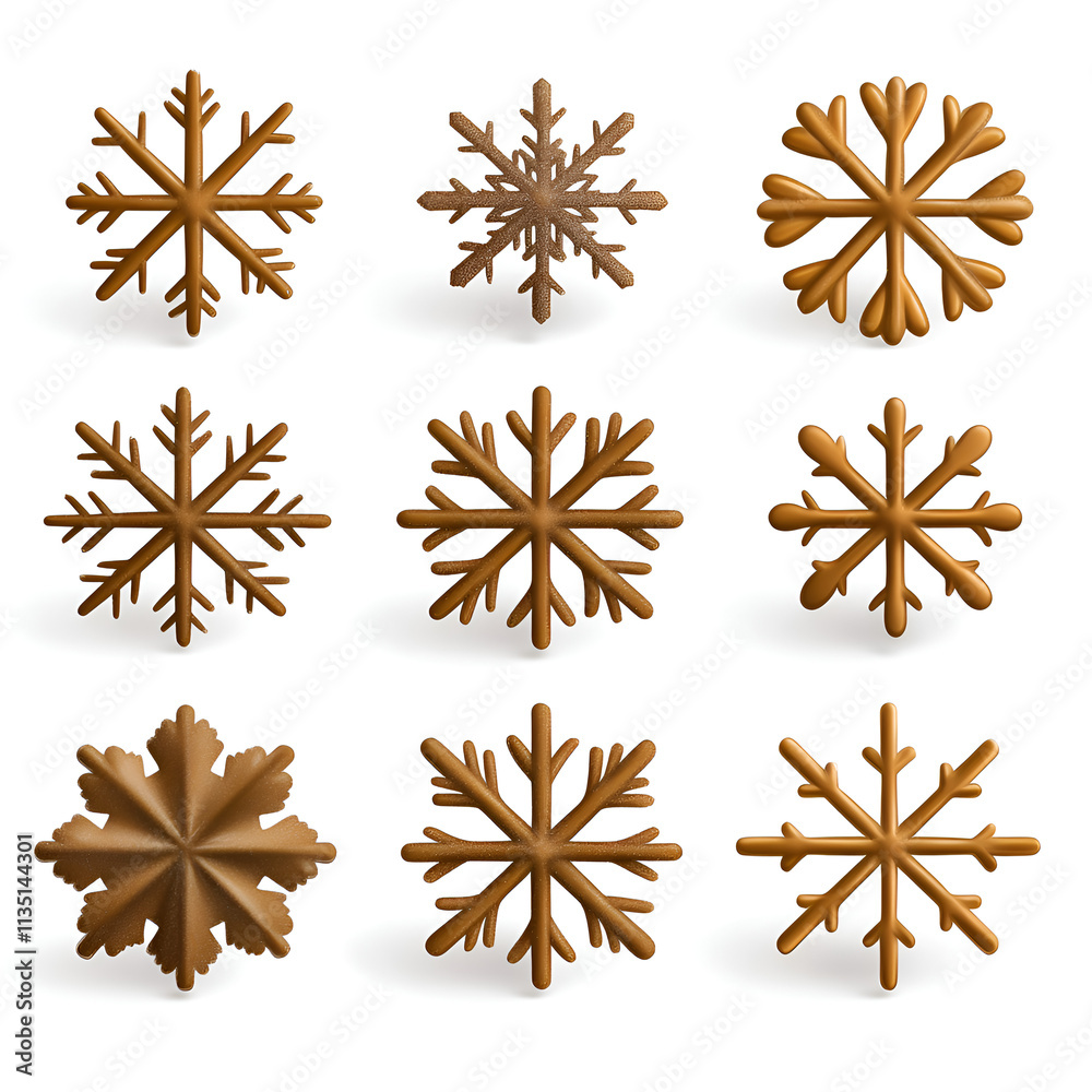 A collection of nine unique brown snowflake designs, showcasing variety and artistic interpretation against a simple background. A collection of nine unique brown snowflake designs, showcasing variety and artistic interpretation against a simple background.