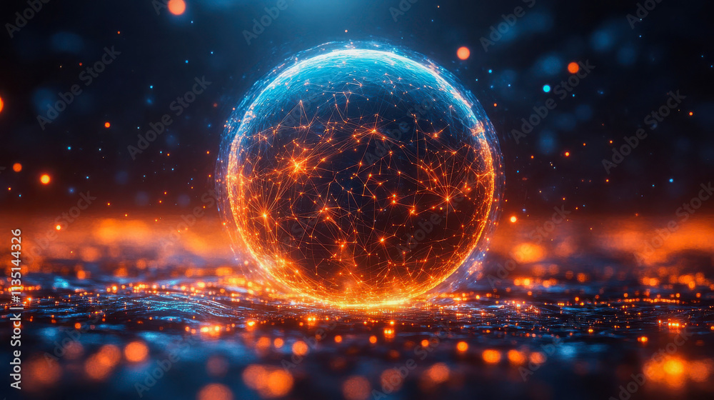 A glowing digital sphere with blue and orange highlights, showcasing a dynamic network of connections A glowing digital sphere with blue and orange highlights, showcasing a dynamic network of connections