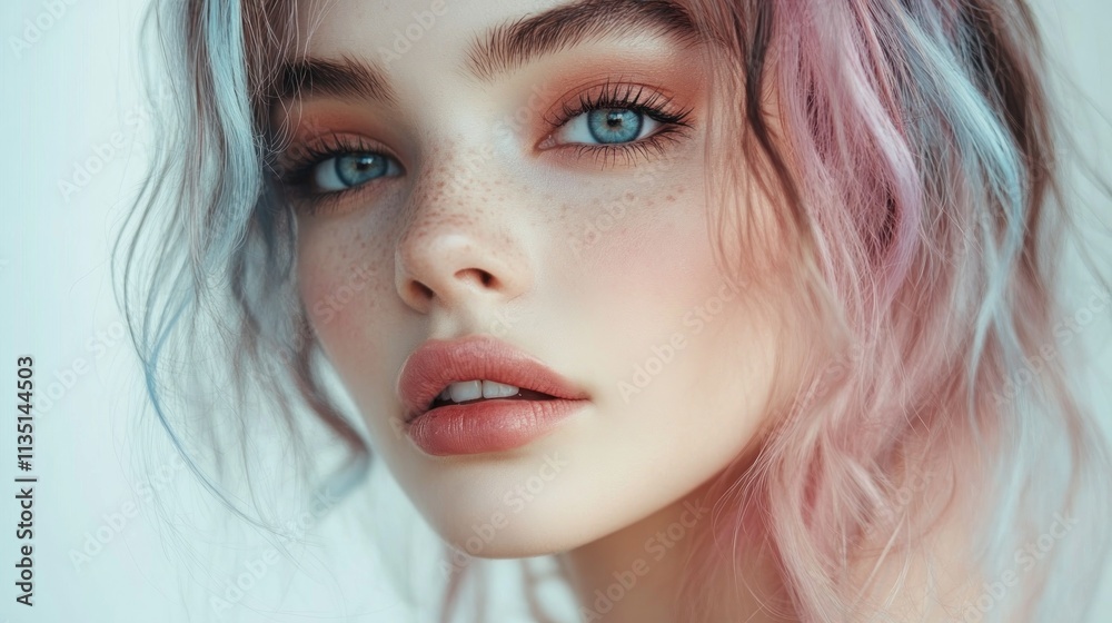 Young Woman With Freckles and Pastel Pink Blue Hair Young Woman With Freckles and Pastel Pink Blue Hair