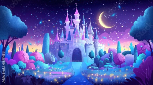 Enchanted fairytale castle at night, glowing with magical light, surrounded by vibrant fantasy trees and luminous flora. photo