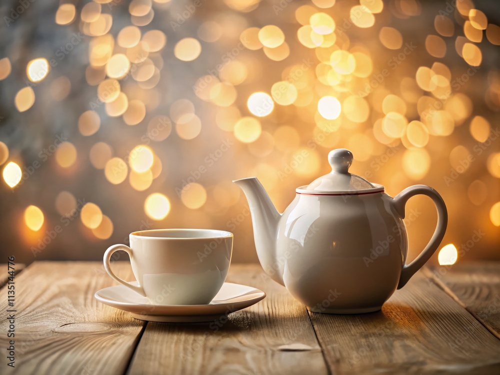 Fototapeta premium Serene White Teapot with a Mug on a Wooden Table Surrounded by a Soft Bokeh Background, Perfect for Cozy Tea Moments and Home Decor Inspiration