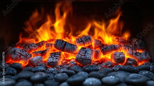 Fiery Embers: A Close-Up of Glowing Charcoal and Flames