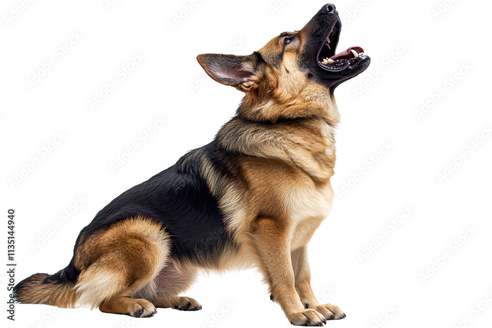 A German Shepherd sits upright, mouth open in a howl, showcasing its strong posture and distinctive coat pattern. A German Shepherd sits upright, mouth open in a howl, showcasing its strong posture and distinctive coat pattern.