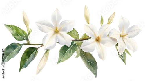 Delicate White Jasmine Flowers with Green Leaves on Branch, Beautiful Floral Arrangement for Home Decor or Nature-Themed Designs, Elegant Botanical Illustration for Print or Digital Use