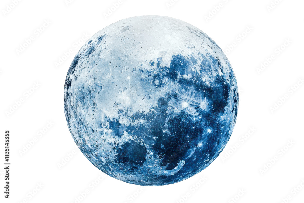 Obraz premium A detailed view of the moon showcasing its cratered surface and serene glow in a striking blue hue.