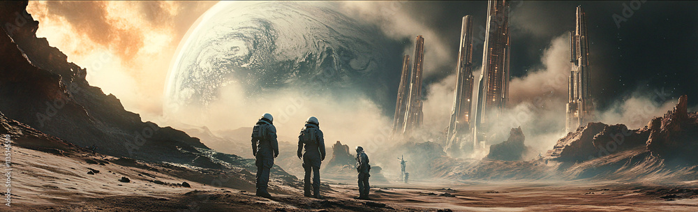 A group of astronauts discovering an ancient alien civilization on a distant planet, with towering structures and strange technology. A group of astronauts discovering an ancient alien civilization on a distant planet, with towering structures and strange technology.