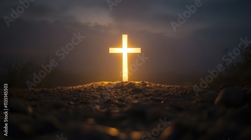 Glowing Cross in Foggy Atmosphere at Night photo