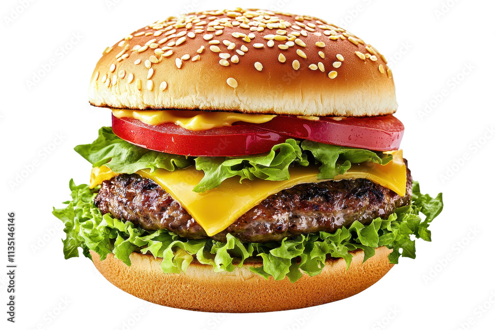 A delicious cheeseburger featuring a sesame seed bun layered with lettuce, tomato, cheddar cheese, and a juicy beef patty. A delicious cheeseburger featuring a sesame seed bun layered with lettuce, tomato, cheddar cheese, and a juicy beef patty.