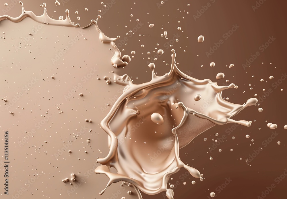 Milk chocolate liquid splash, brown color background, 3D rendering illustration