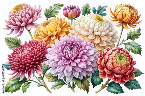 Wallpaper Mural Set of Beautiful Watercolor Chrysanthemum Flowers in Various Colors for November Birth Month Floral Design Elements Perfect for Cards and Invitations Torontodigital.ca