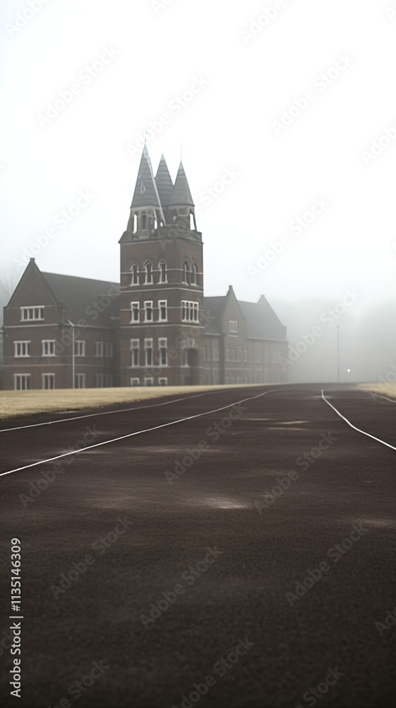 Fototapeta premium A misty morning scene featuring a historic building with a prominent tower and intricate architectural details, set against a fog-blanketed backdrop. The foreground displays a winding, dark asphalt pa