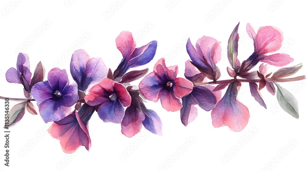 Obraz premium Vibrant Watercolor Floral Arrangement with Soft Petals and Leaves in Shades of Pink, Purple, and Blue Perfect for Nature and Art Enthusiasts