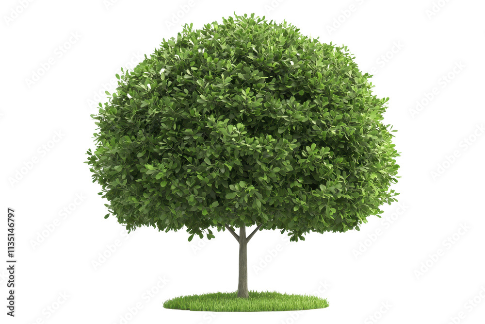 A lush green tree with a rounded canopy and sturdy trunk on a grassy base. A lush green tree with a rounded canopy and sturdy trunk on a grassy base.