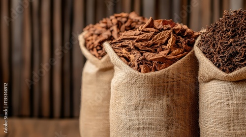 A detailed close-up captures tobacco leaves in burlap sacks, showing their textural richness amidst a rustic environment, embodying tradition and agricultural roots. photo